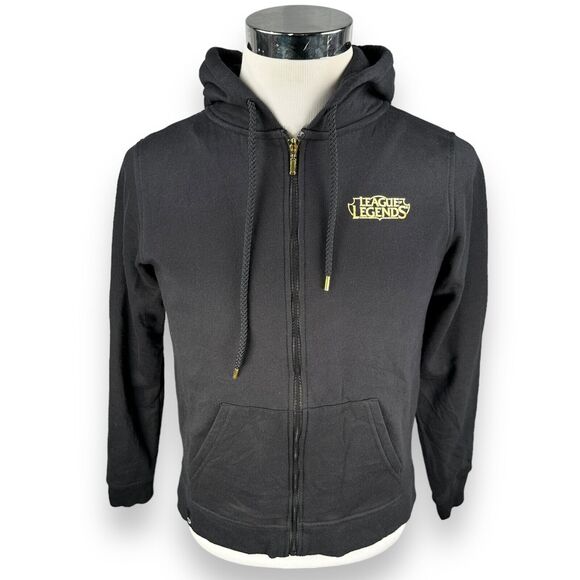 League of Legends Riot Gaming Hoodie Womens Large Zip Pocket Black Metallic Gold - Picture 1 of 10